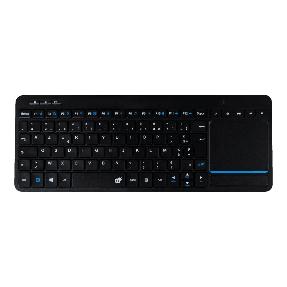 Clavier multimédia noir, azerty, sur fond blanc