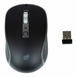 Souris sans fil noire avec adaptateur USB assorti, posés sur fond blanc.