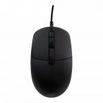 Souris filaire noire au design épuré avec une vue du dessus sur fond blanc.