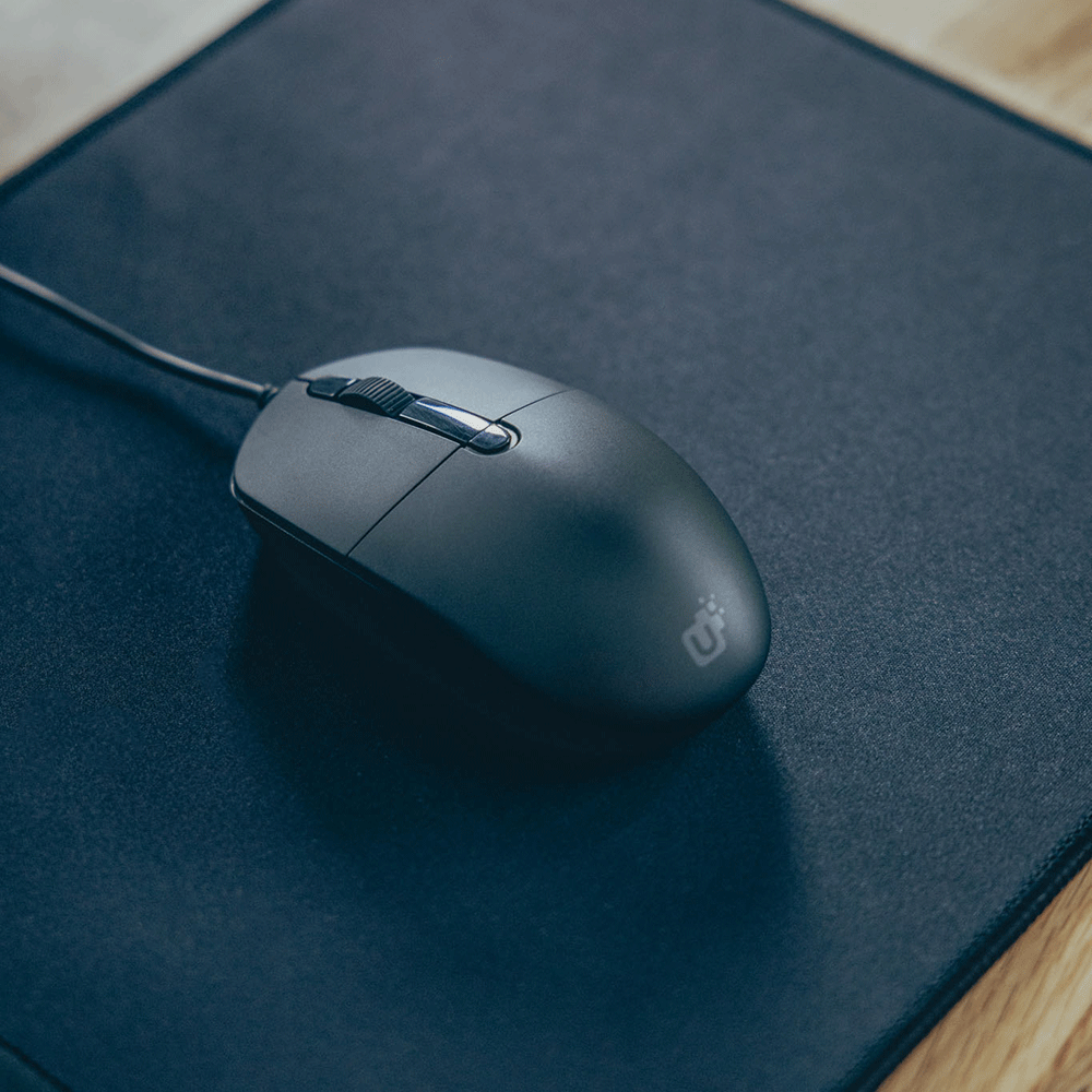 Souris filaire noire posée sur un tapis de bureau bleu, avec un design professionnel.