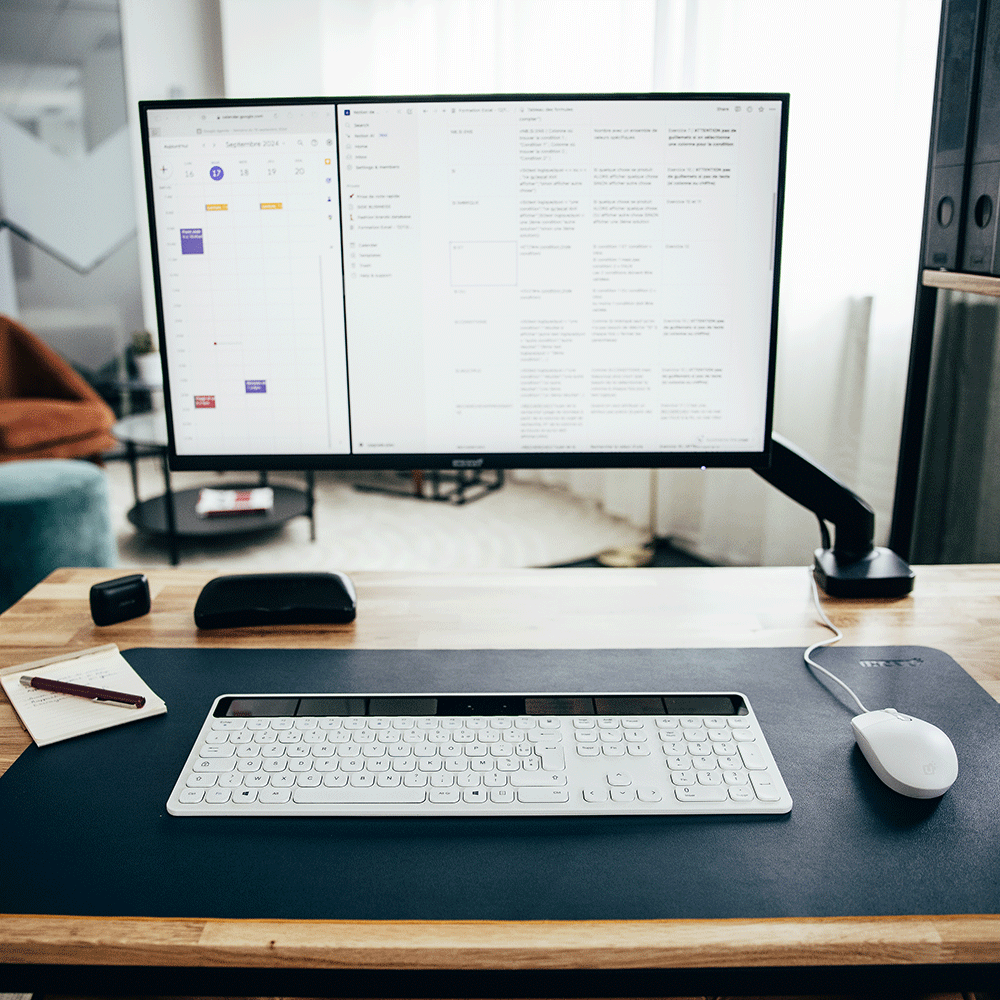 Écran affichant une interface de travail, avec clavier et souris sur un bureau.